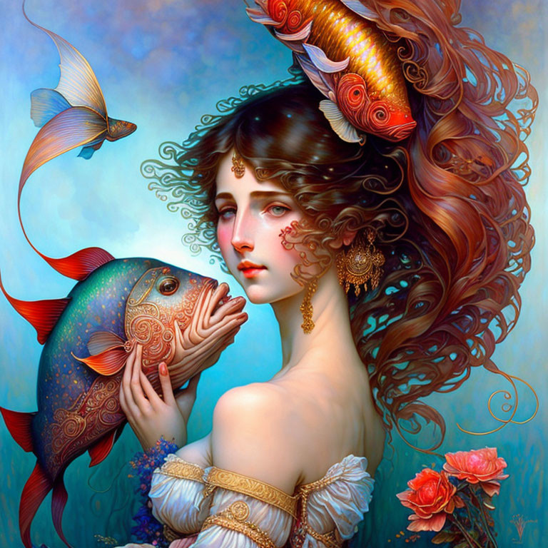 Detailed illustration of woman with flowing hair holding colorful fish against blue backdrop.