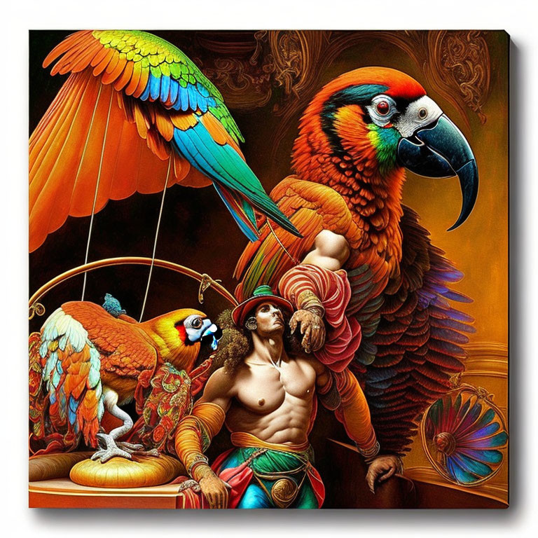 Colorful Surrealistic Painting of Muscular Man with Parrot