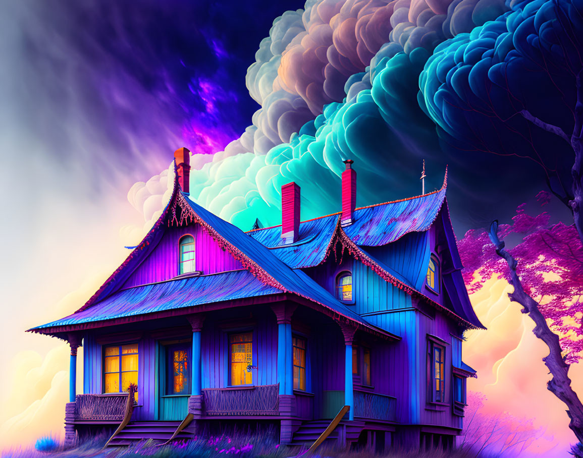 Colorful Victorian house illustration with glowing windows in whimsical sunset scene