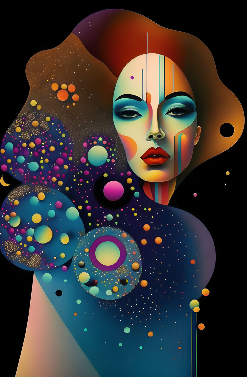 Vibrant cosmic-themed surreal portrait of a woman