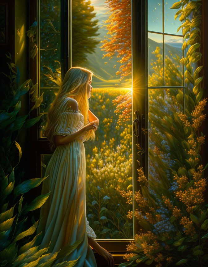 Woman in flowing dress gazes out sunlit garden from open window