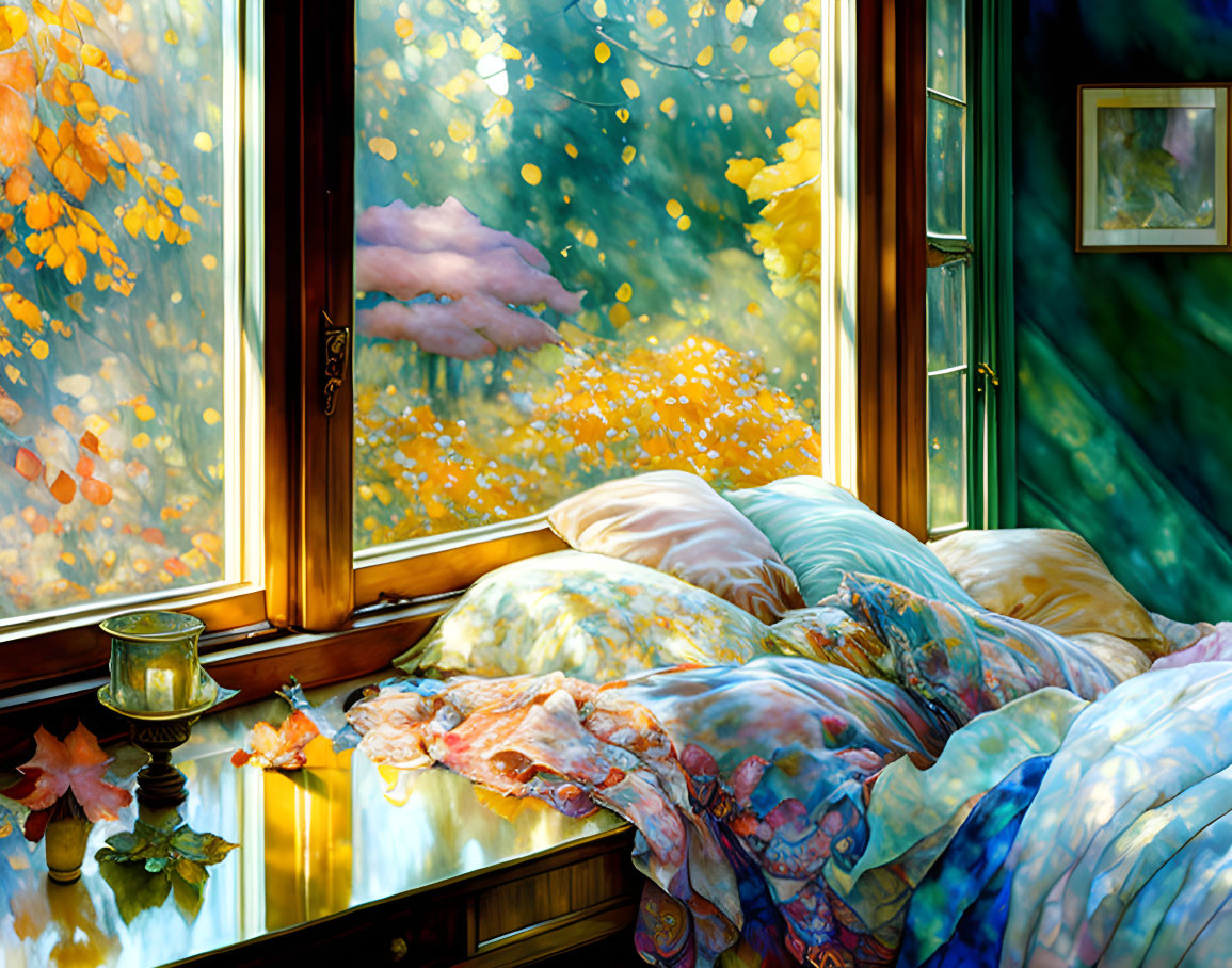 Colorful Bed in Cozy Bedroom with Autumn Window View