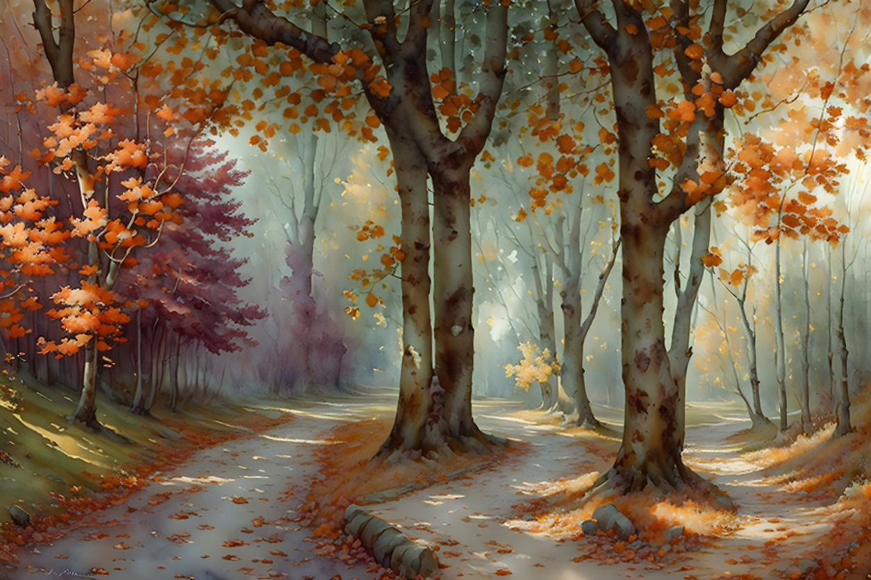 Tranquil Autumn Forest with Golden Leaves and Winding Path