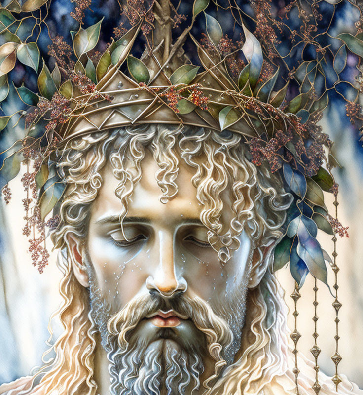 Mythical character with branch crown, intricate hair, serene expression