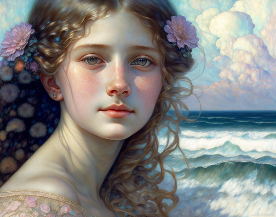 Realistic painting of young girl with wavy hair and flowers by cloudy sky and sea waves