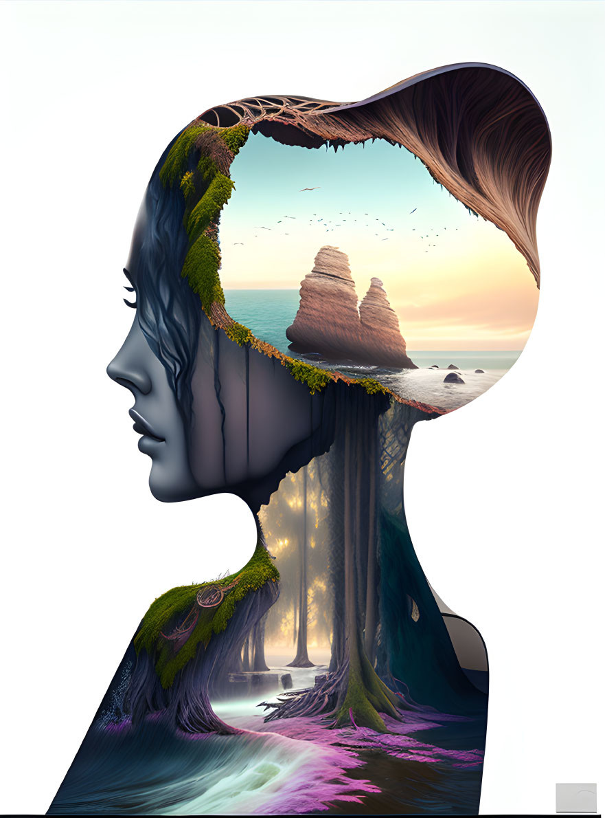 Surreal artwork: woman's profile with nature landscape inside