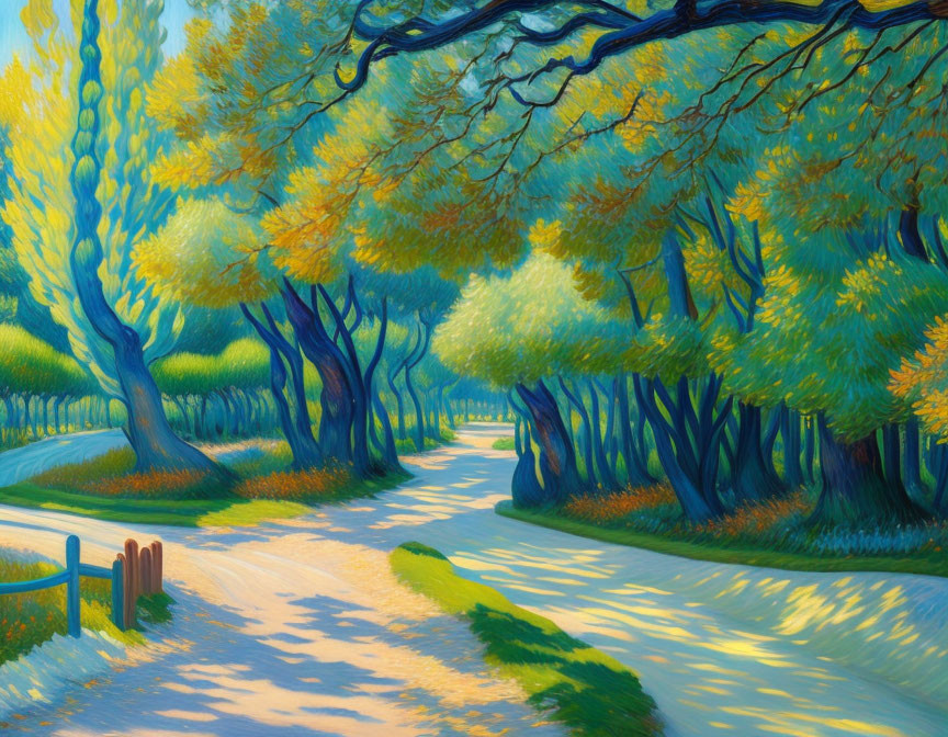 Sunlit Park Painting with Lush Trees and Winding Path