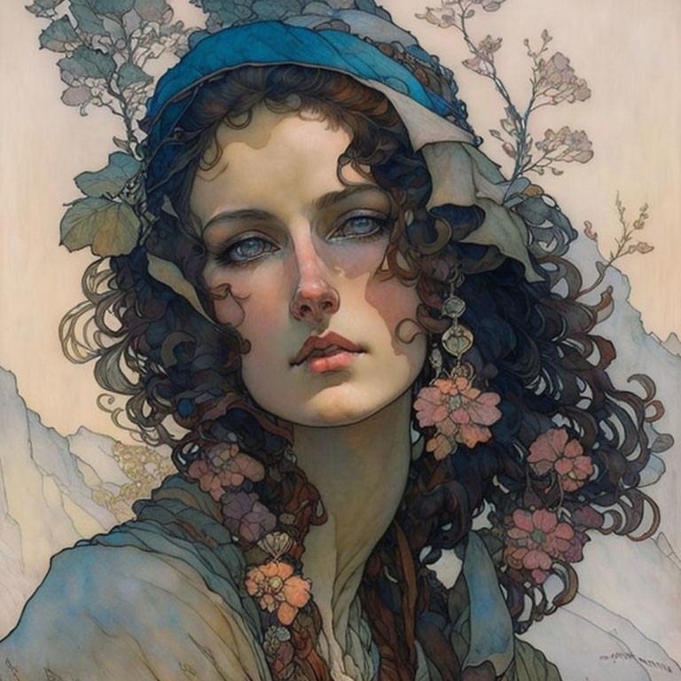 Illustrated portrait of woman with curly hair in blue headscarf with flowers, set against floral backdrop