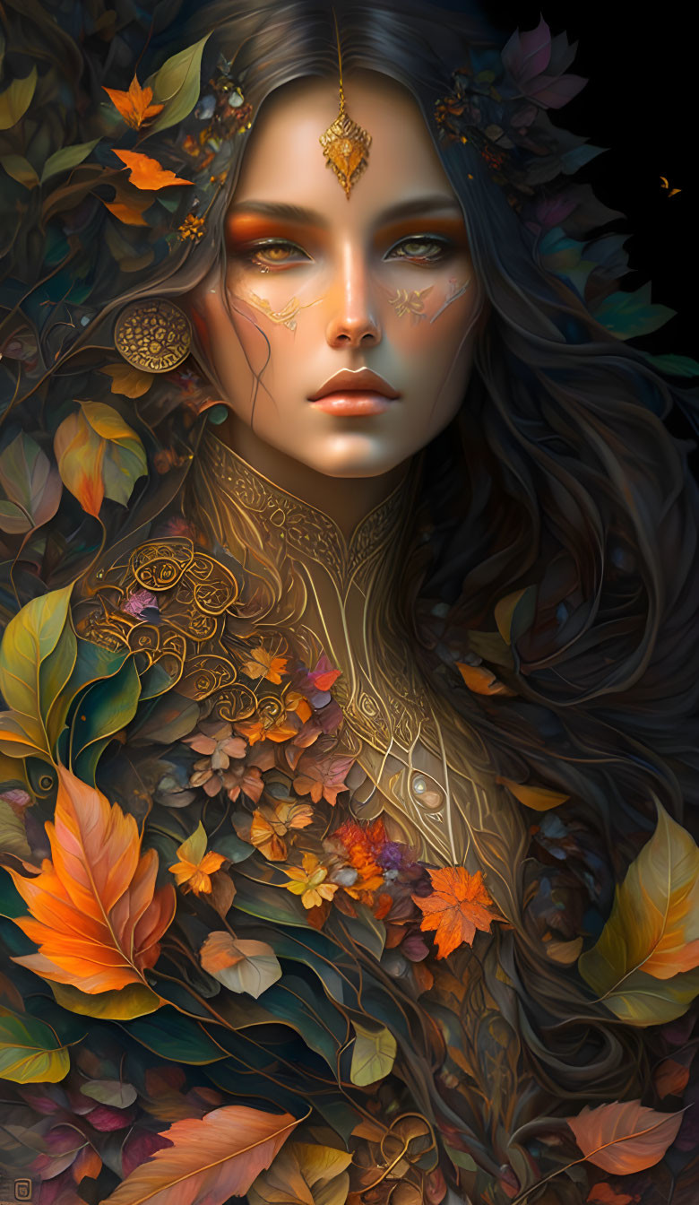 Digital Artwork: Woman with Autumn Leaves & Golden Jewelry