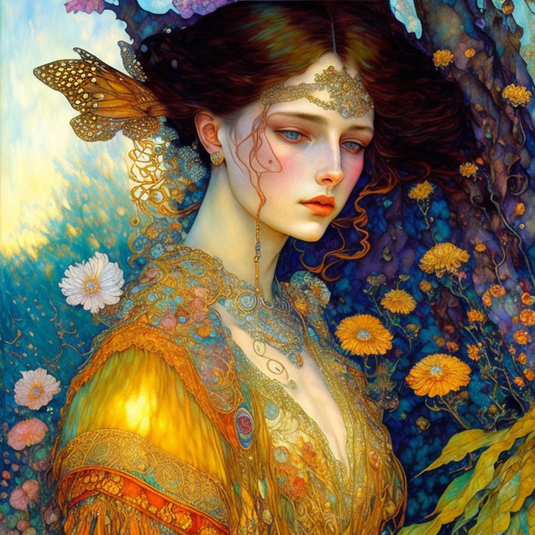 Woman with Butterfly Wings in Ornate Attire in Mystical Forest