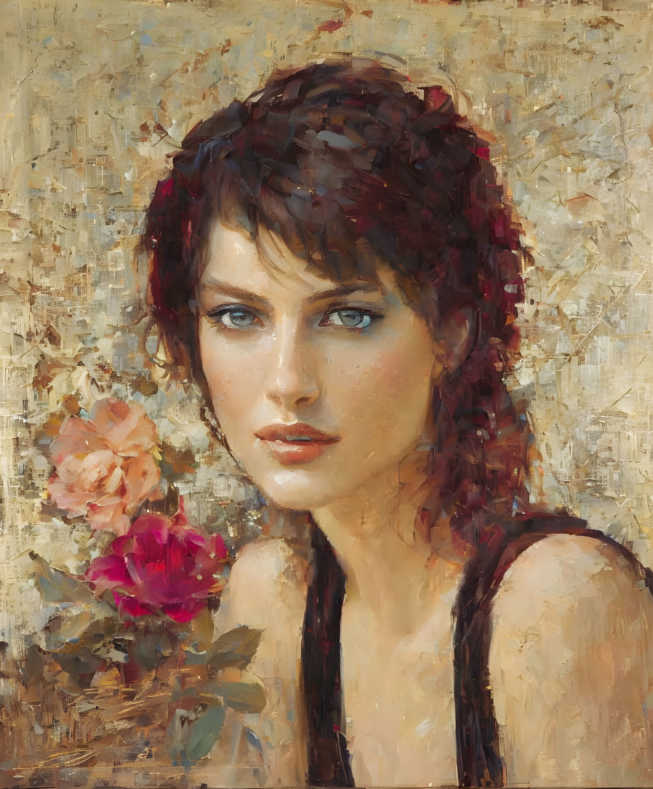 Portrait of woman with auburn hair and blue eyes in textured brushstrokes