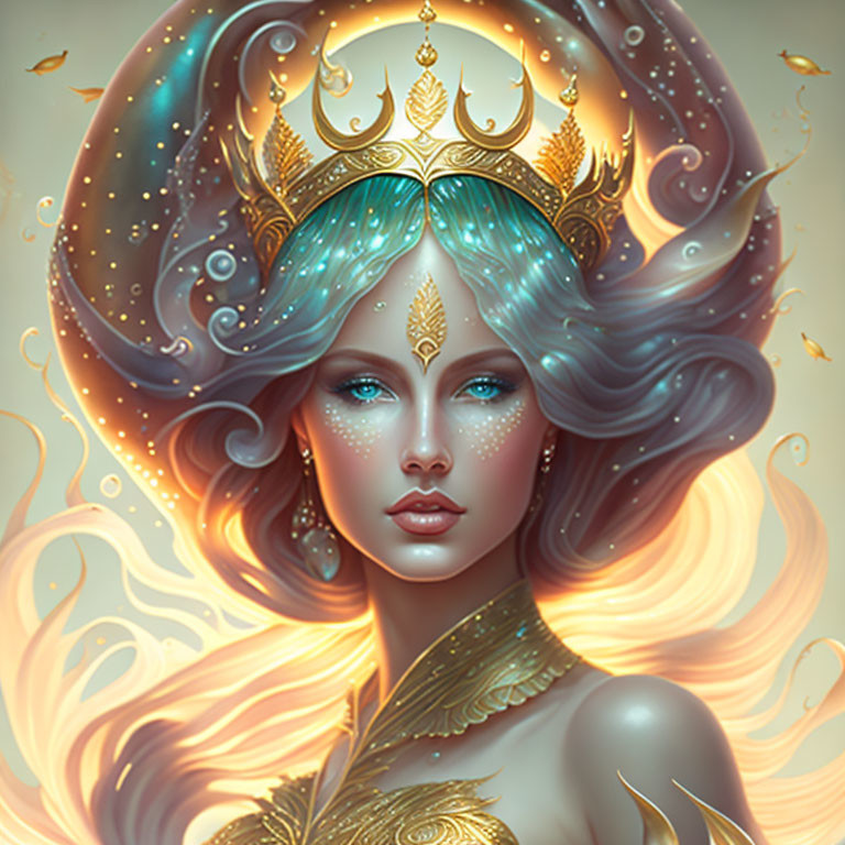 Fantastical woman with blue hair and golden crown in dreamy illustration