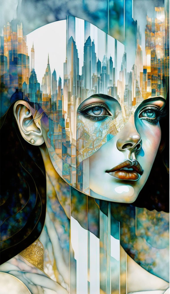 Woman's face merging with futuristic cityscape in vibrant colors