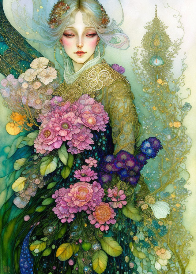 Pale woman surrounded by colorful flowers and ornate patterns