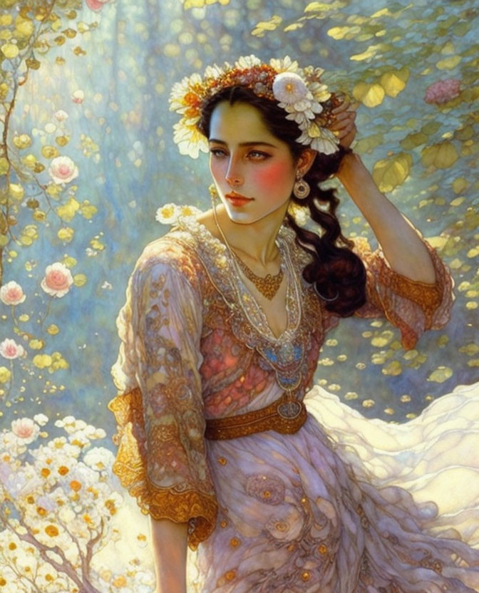 Woman in Floral Crown and Vintage Dress Surrounded by Blossoming Backdrop