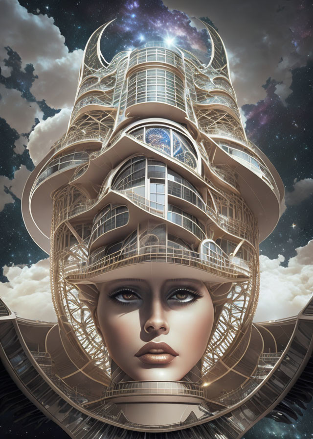 Surreal artwork: Woman's face merges with fantastical tower in sky