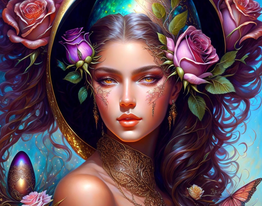 Fantasy portrait of woman with floral and butterfly adornments