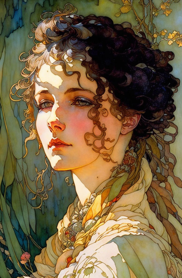 Detailed portrait of a woman with curly hair and dreamy expression in nature-inspired setting