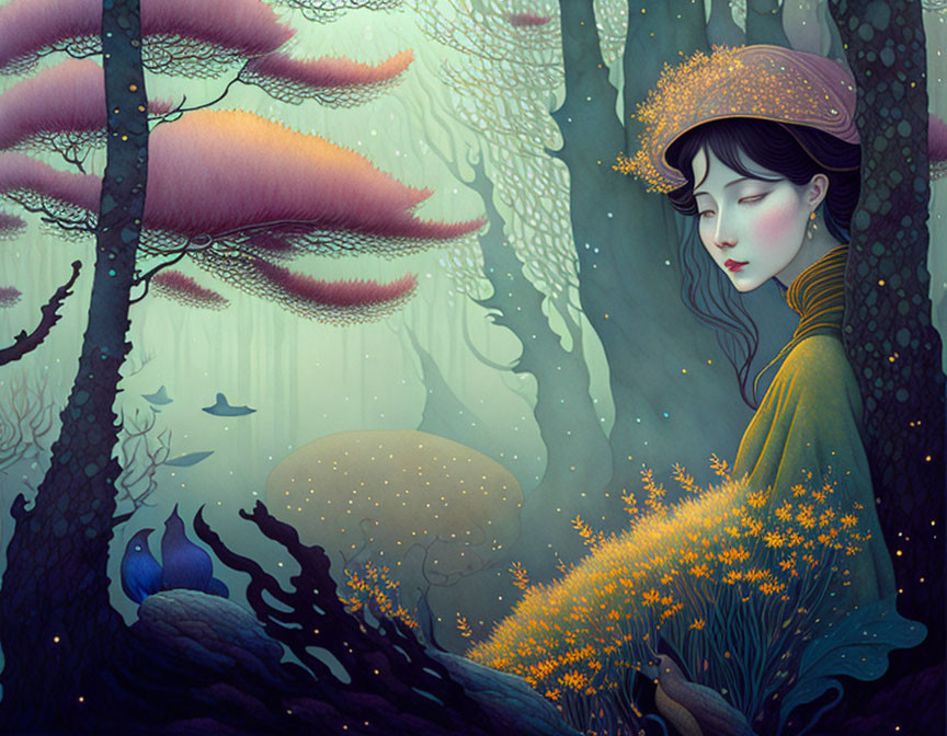 Illustration of woman in yellow cloak in mystical forest with oversized mushrooms.
