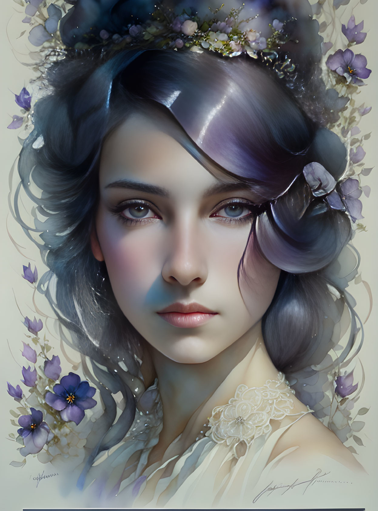 Portrait of Woman with Violet Hair & Flowers: Serene Expression & Realistic Details