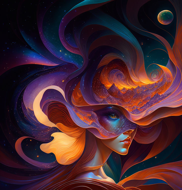 Vibrant surreal artwork: woman with galaxy hair in cosmic setting