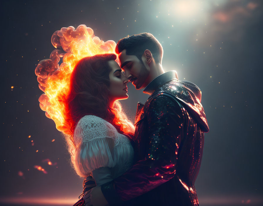 Couple Embracing Under Starry Sky with Woman's Hair Ablaze
