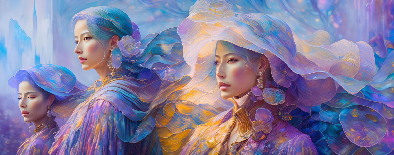 Ethereal Women with Blue and Purple Hair in Abstract Digital Art