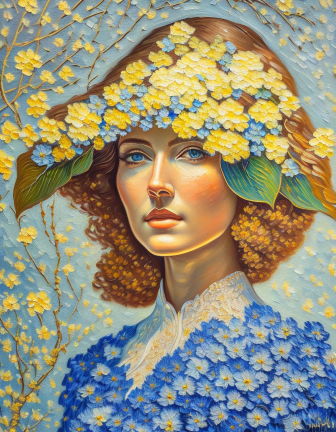 Portrait of Woman with Blue Eyes and Yellow Flowers on Sky-Blue Background