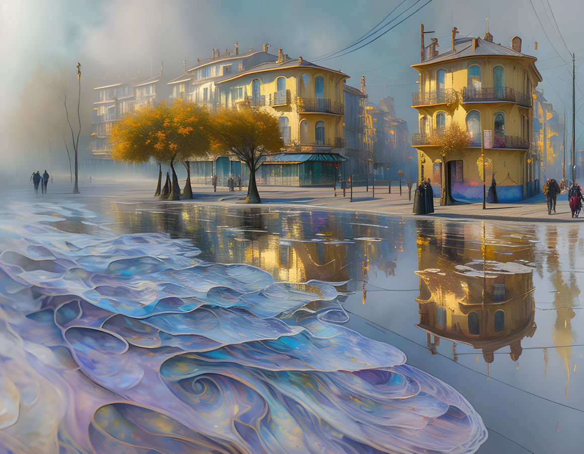 Reflective urban scene: colorful swirls, walking figures, misty European buildings.