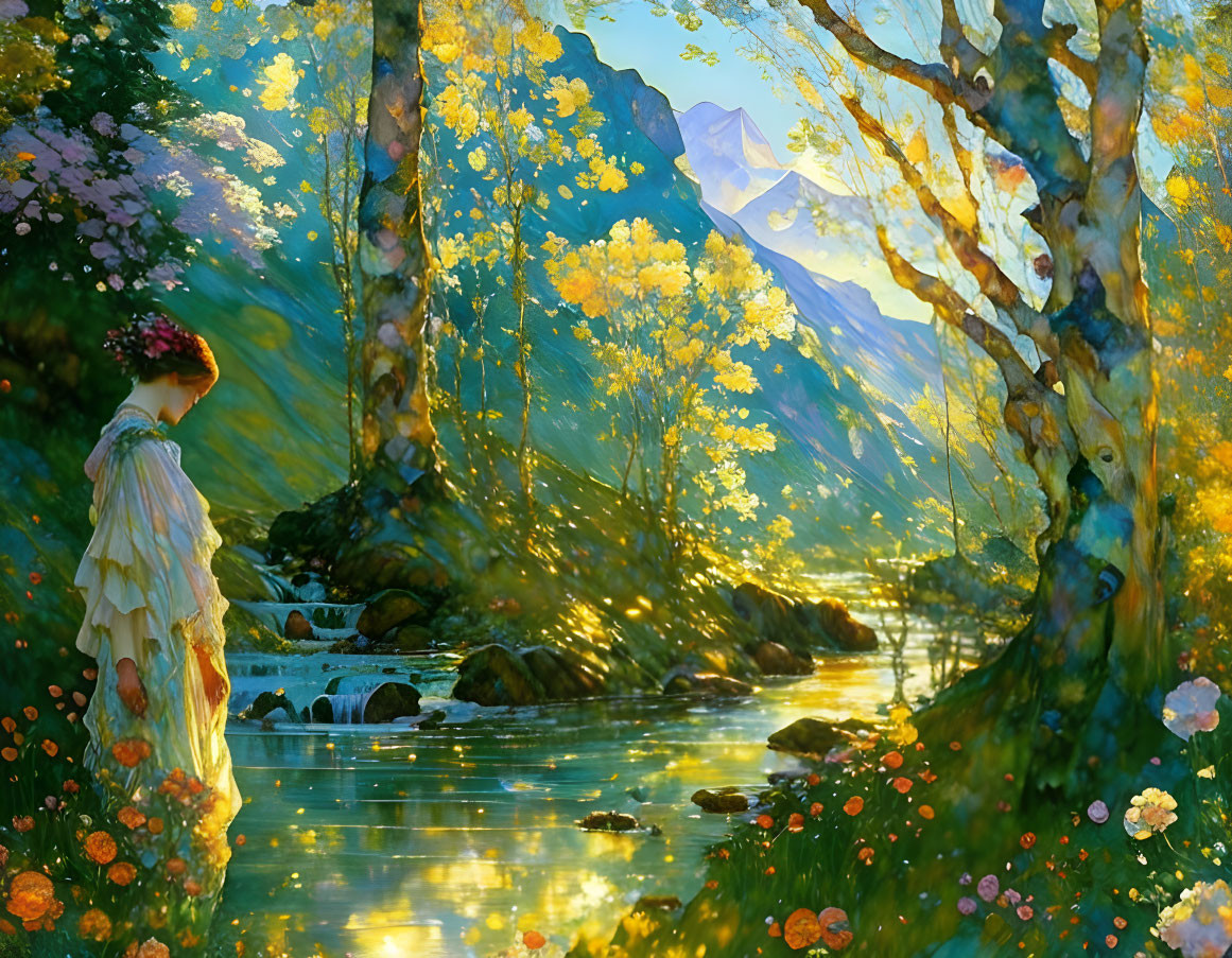 Woman in white dress admiring sunlit valley with flowers, river, trees, mountains