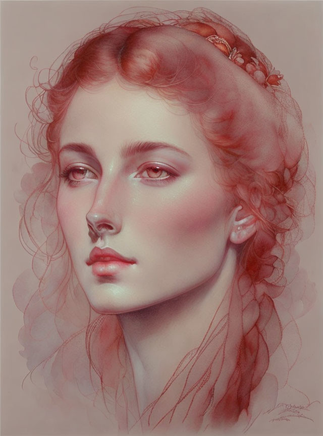 Portrait of Woman with Red Curly Hair and Fair Skin in Shades of Pink