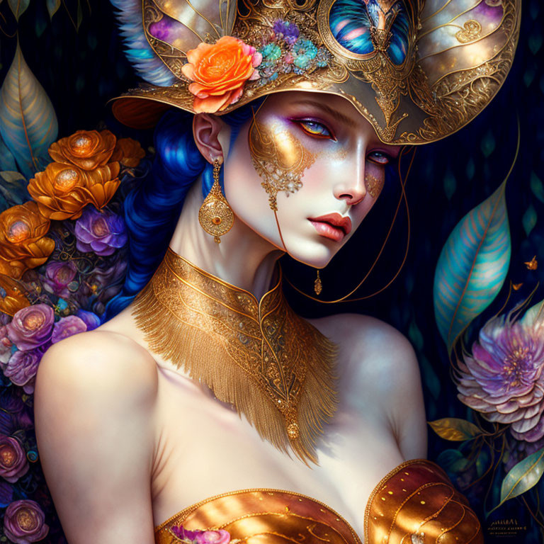 Fantasy portrait: Woman with golden headwear, blue skin, ornate jewelry, surrounded by colorful