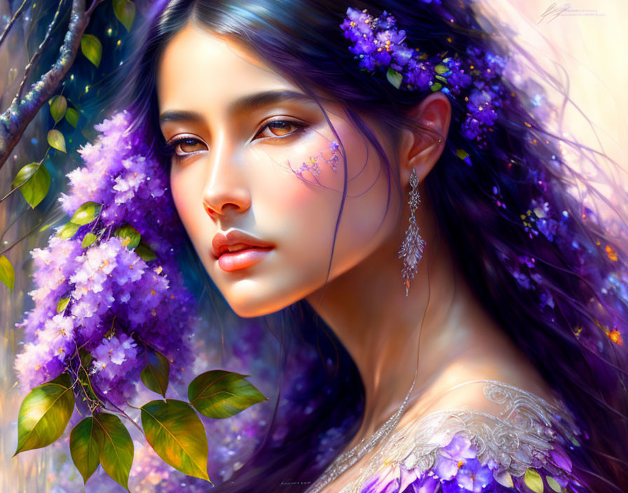 Portrait of a woman with purple flowers in flowing hair and delicate jewelry