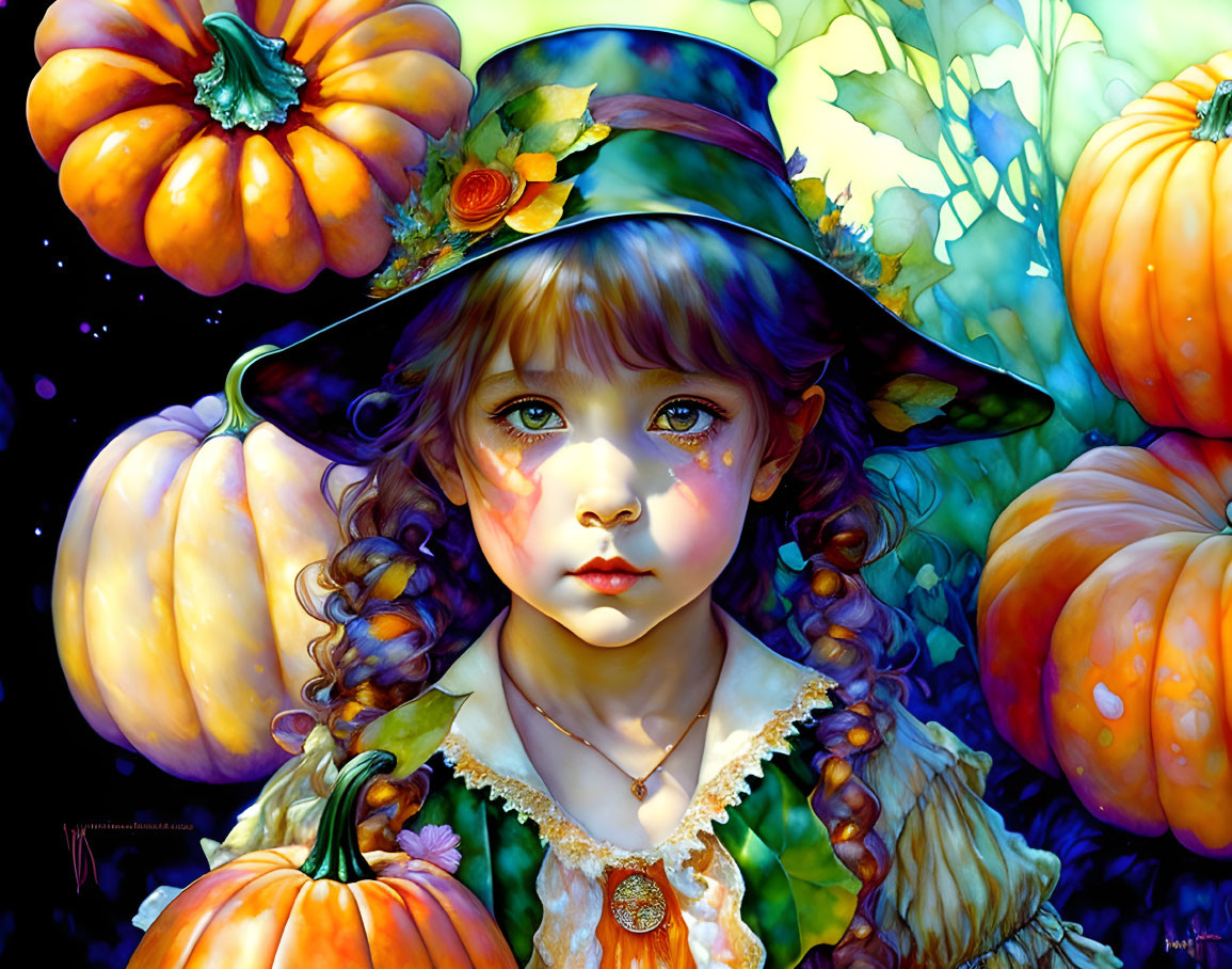 Colorful illustration of young girl with large eyes and hat among pumpkins