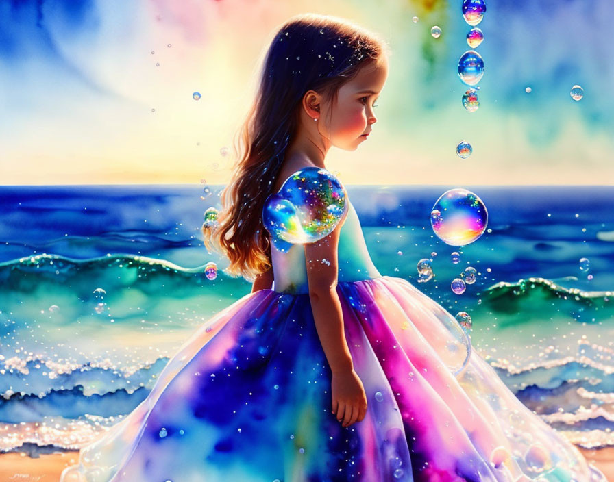 Young girl in vibrant dress mesmerized by soap bubbles on beach with surreal lighting.