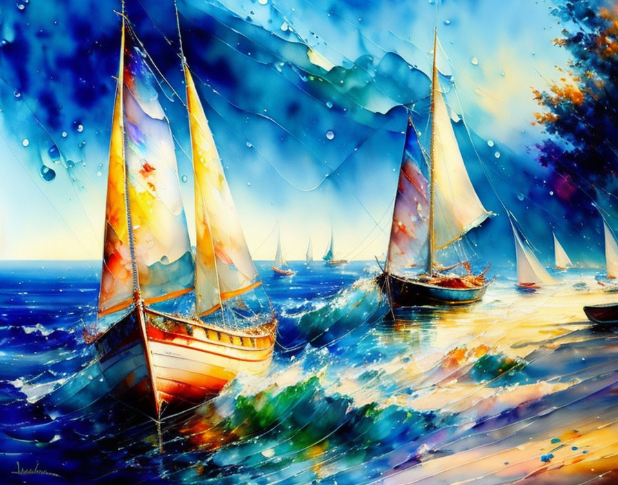 Colorful Sailboat Painting on Choppy Sea with Dynamic Splashes