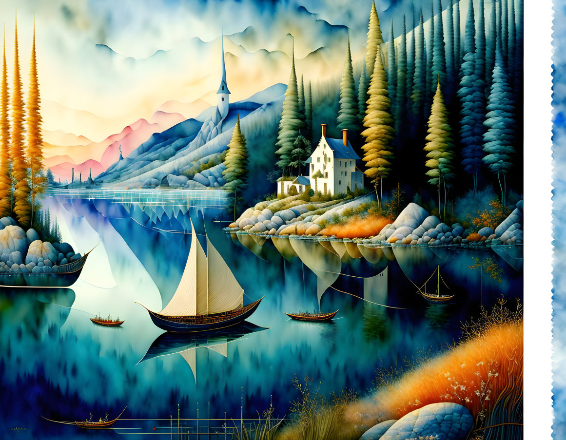 Colorful painting of lakeside landscape with sailboats, house, church, and trees.