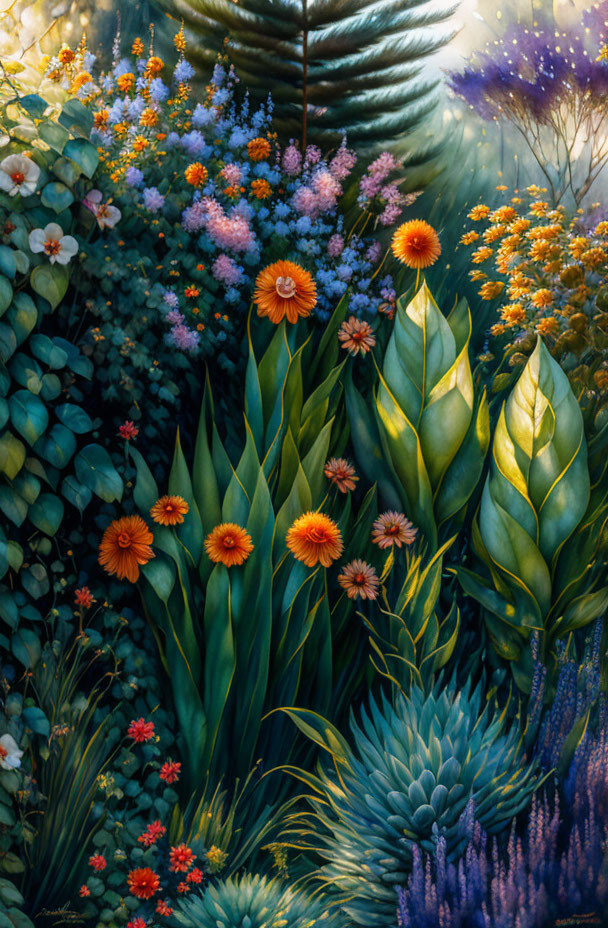 Colorful Garden with Orange and Purple Flowers and Soft Glow