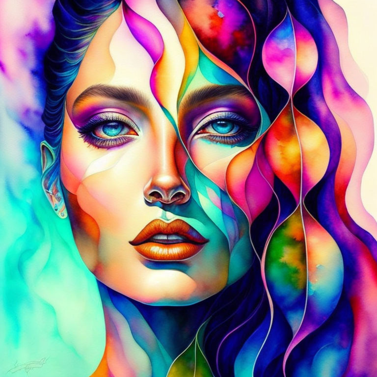 Colorful Abstract Portrait of Woman with Wavy Lines and Bright Hues