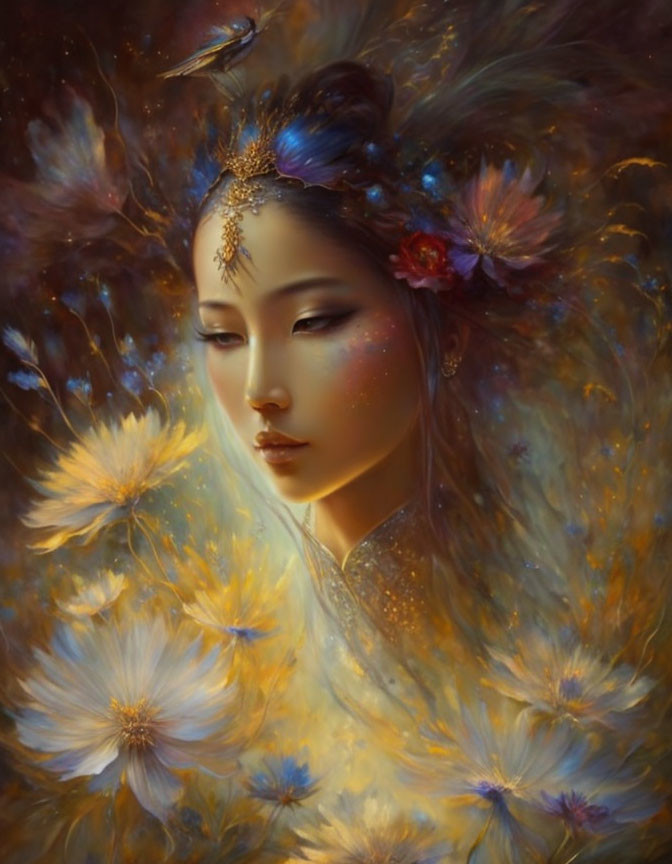 Ethereal portrait of a woman with dandelion fluff and flowers in her hair