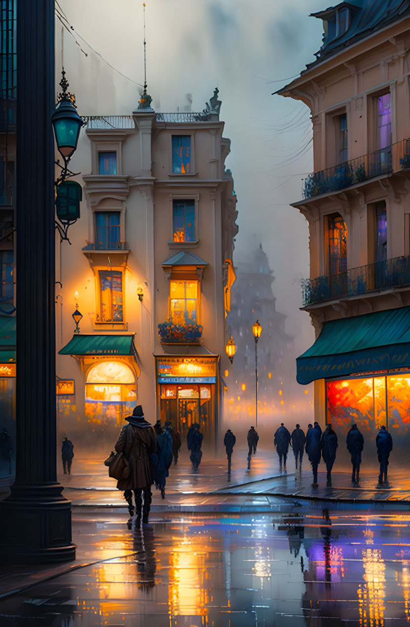 Rainy city dusk: glowing shop lights, wet pavement, silhouetted people, classic architecture