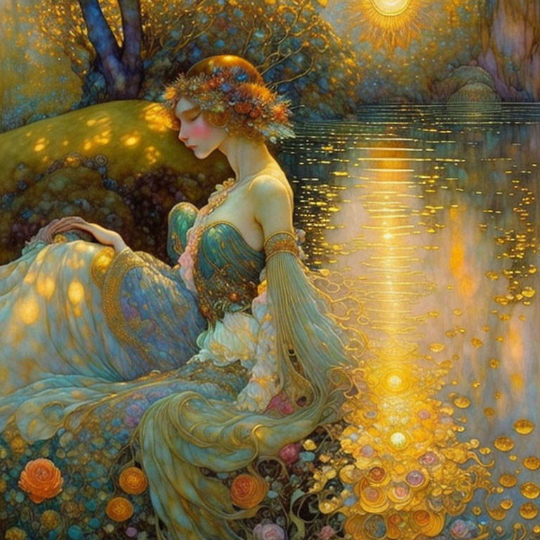 Ethereal painting of woman in flowing gown by water under radiant sun