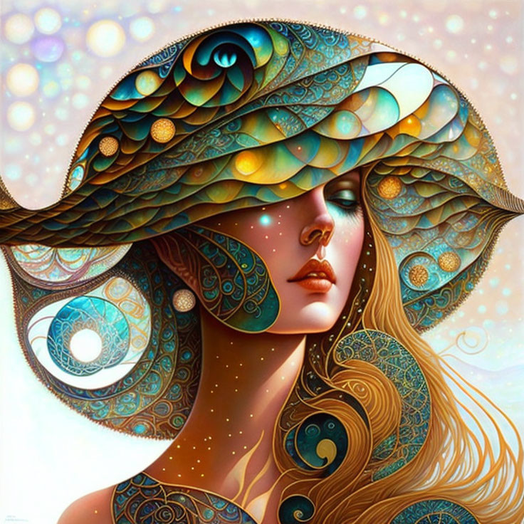 Elaborate Hat Portrait with Swirl Patterns and Golden Tones