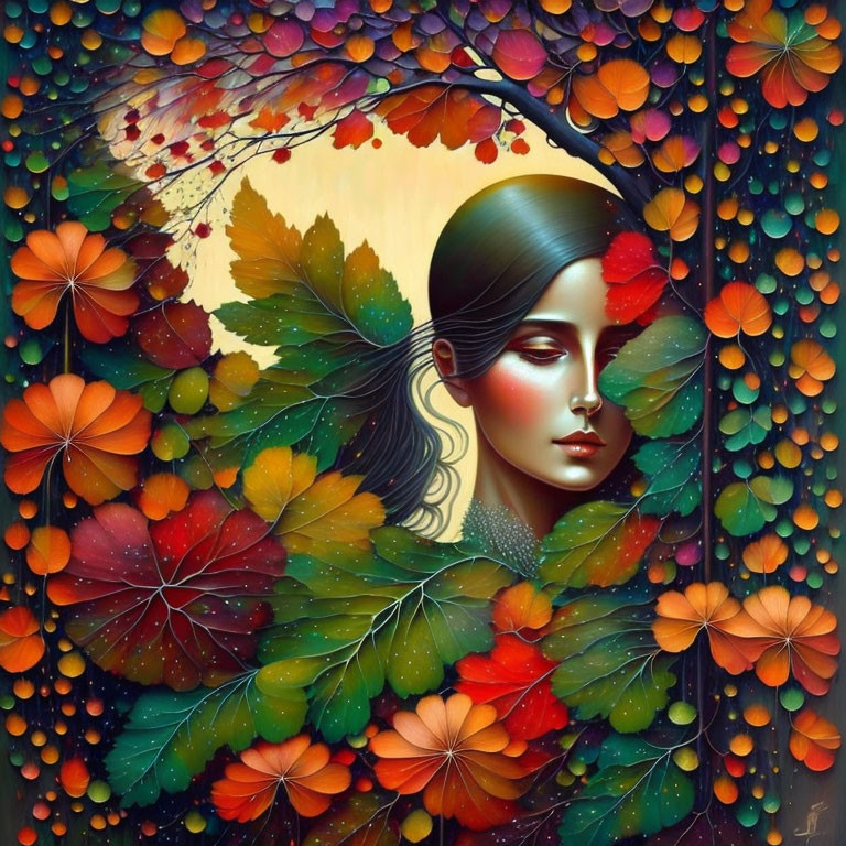 Vibrant autumn leaves and flowers frame a woman's profile in colorful artistic blend