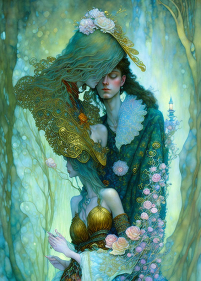 Ethereal artwork: Two figures embrace in mystical forest scene