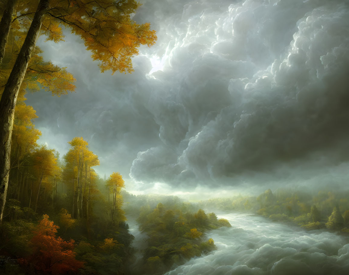 Scenic autumn landscape with storm clouds, forest, and misty river