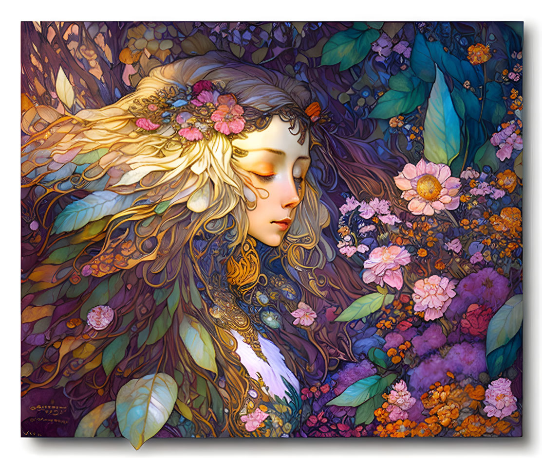 Woman's Face Surrounded by Colorful Flowers and Foliage in Art Nouveau Style
