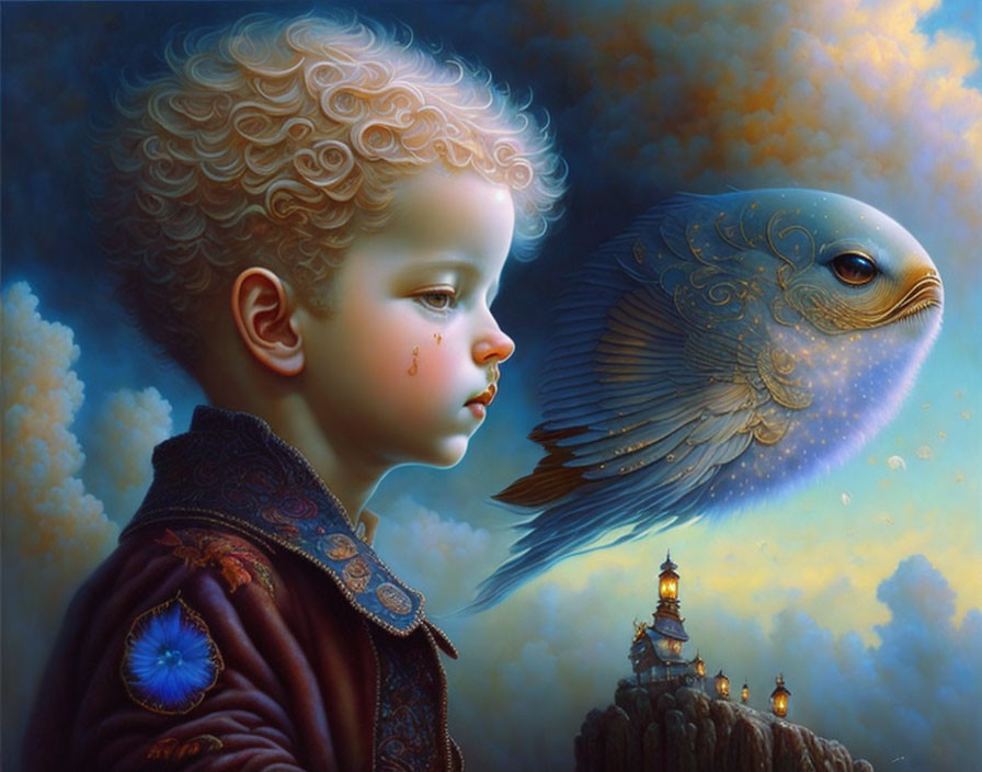 Child with tear and large bird in surreal landscape with castle.