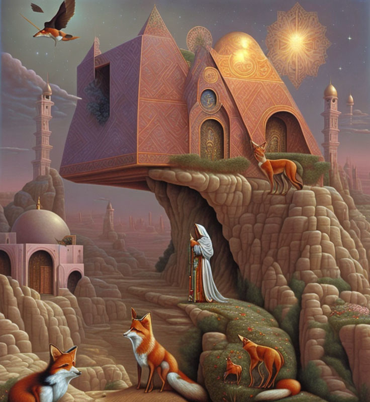 Surreal landscape with floating pyramid, foxes, robed figure, and intricate architecture