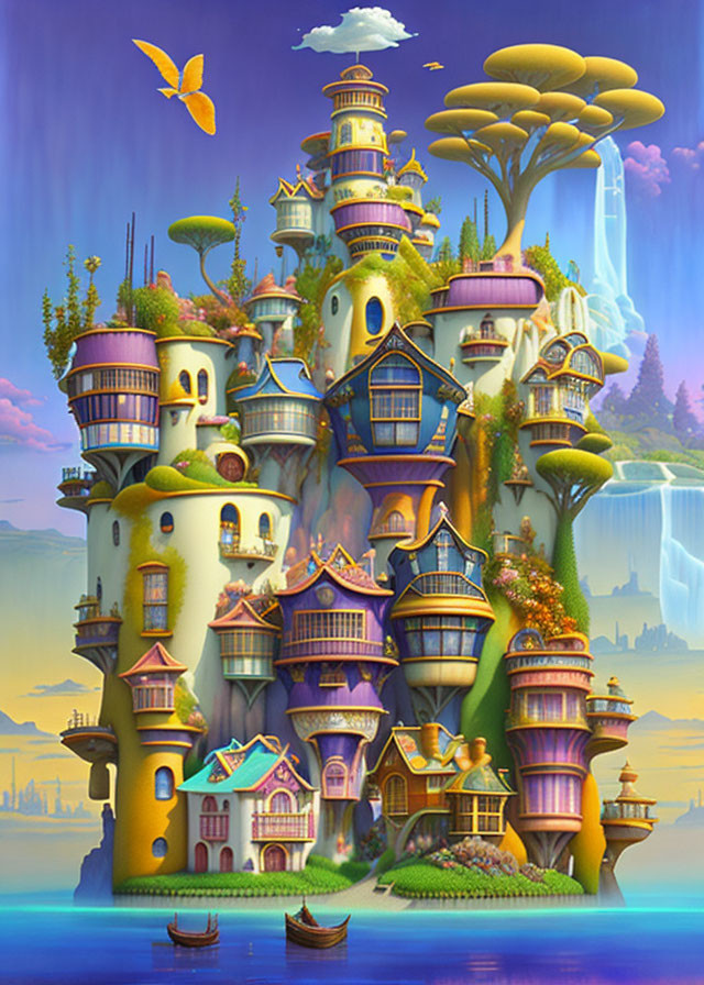 Colorful fantasy castle with turrets, waterfall, and butterfly